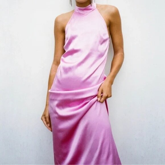 Zara Dresses & Skirts - NWT ZARA Pink Satin Backless High-Neck Dress, M